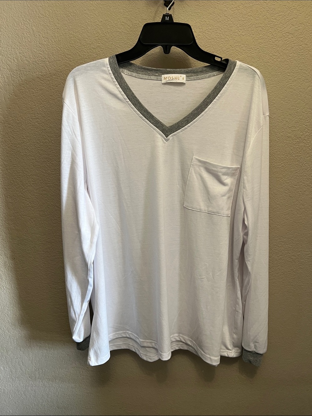 Men’s White V-Neck Long Sleeve Shirt with Gray Trim